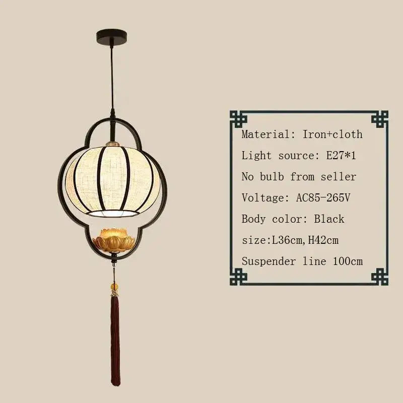 Decorbites™ black iron and cloth teahouse lantern chandelier with golden lotus and dark tassel for dining or bedroom