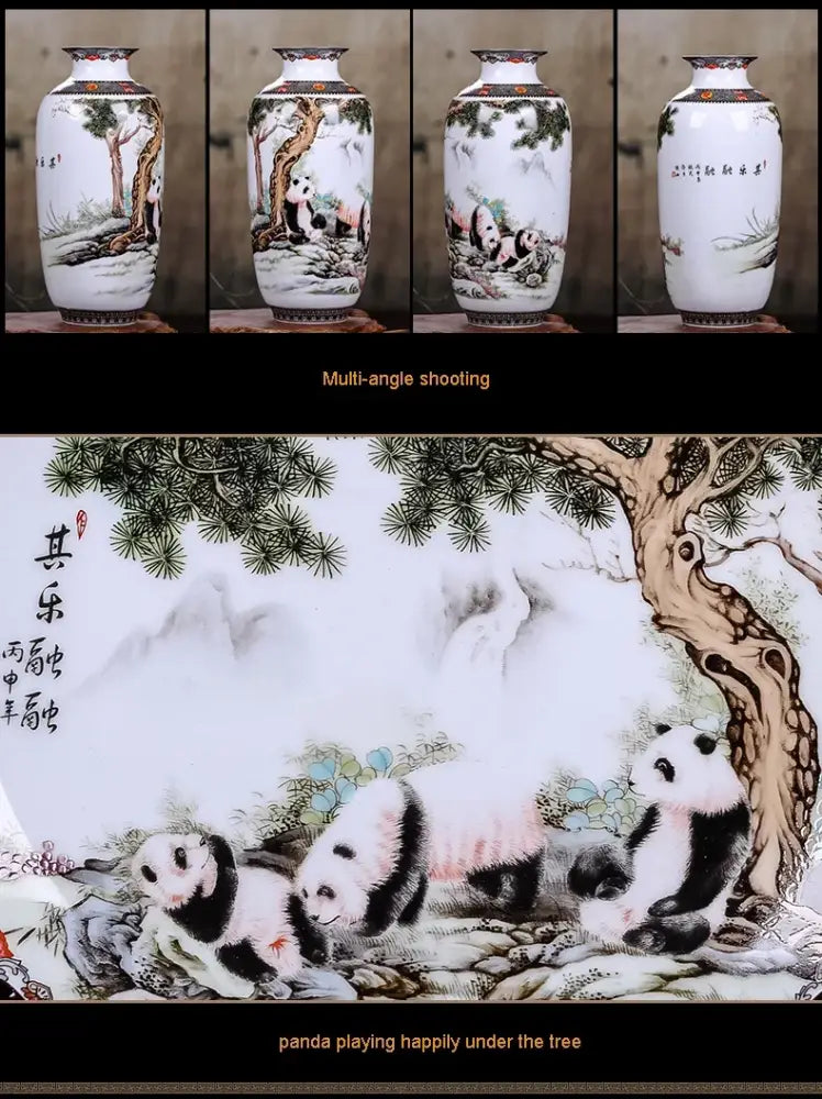 DecorBites™ chinese traditional ceramic vase with hand-painted black and white pandas and calligraphy for home decor