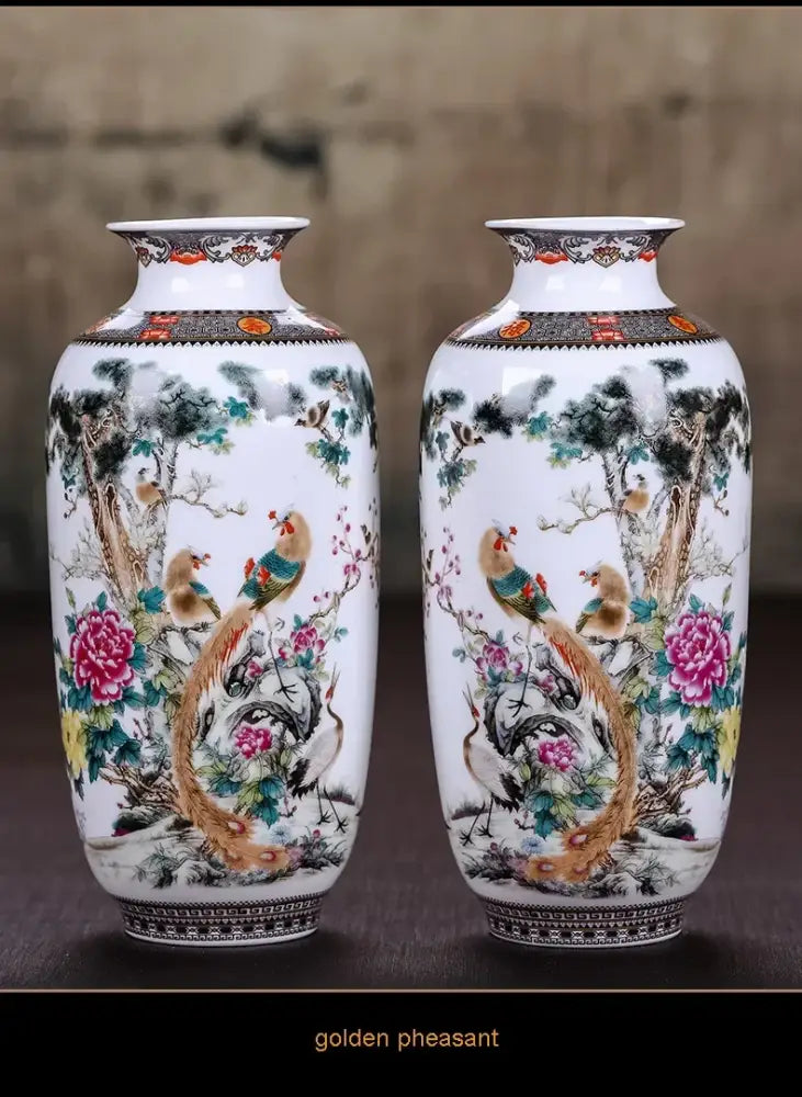 Pair of white porcelain chinese traditional ceramic vases with hand-painted golden pheasants and peonies for home decor