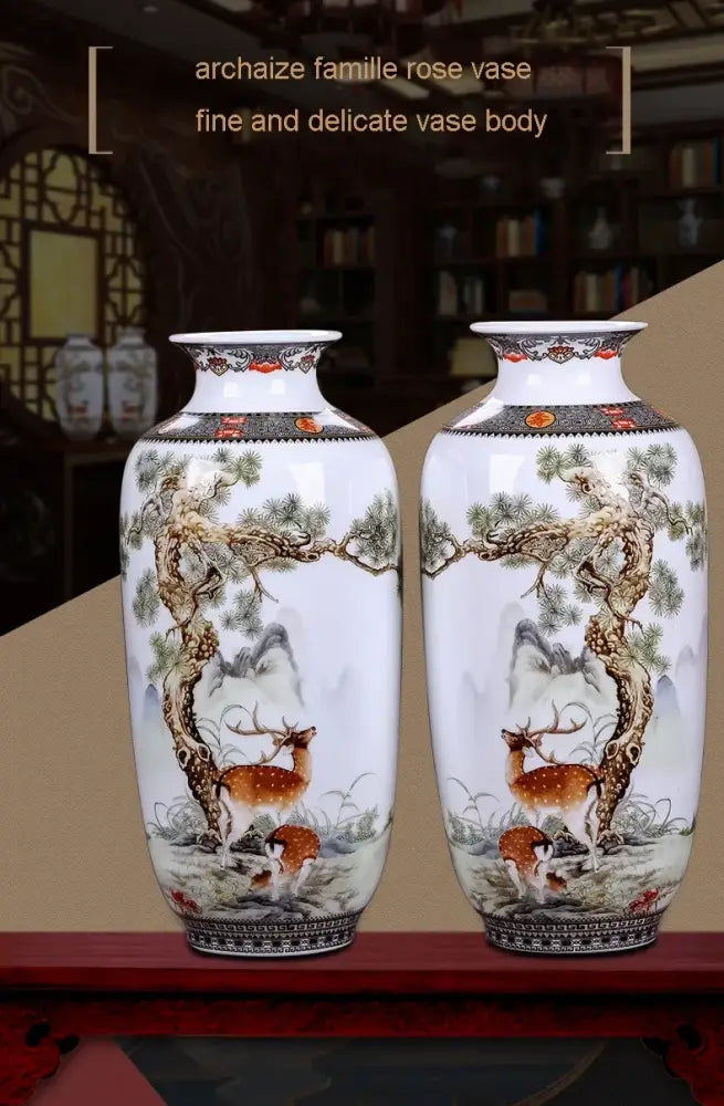 Pair of white porcelain chinese traditional ceramic vases with hand-painted deer and pine trees for home decor