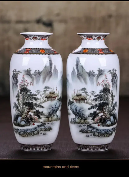 Pair of chinese traditional ceramic white porcelain vases with hand-painted landscapes for elegant home decor