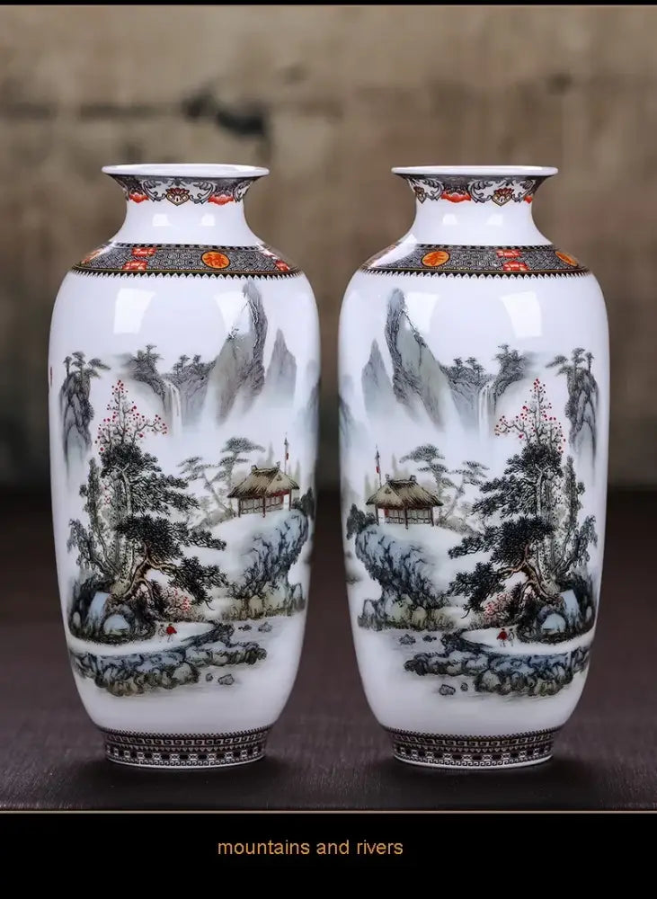 Pair of chinese traditional ceramic white porcelain vases with hand-painted landscapes for elegant home decor