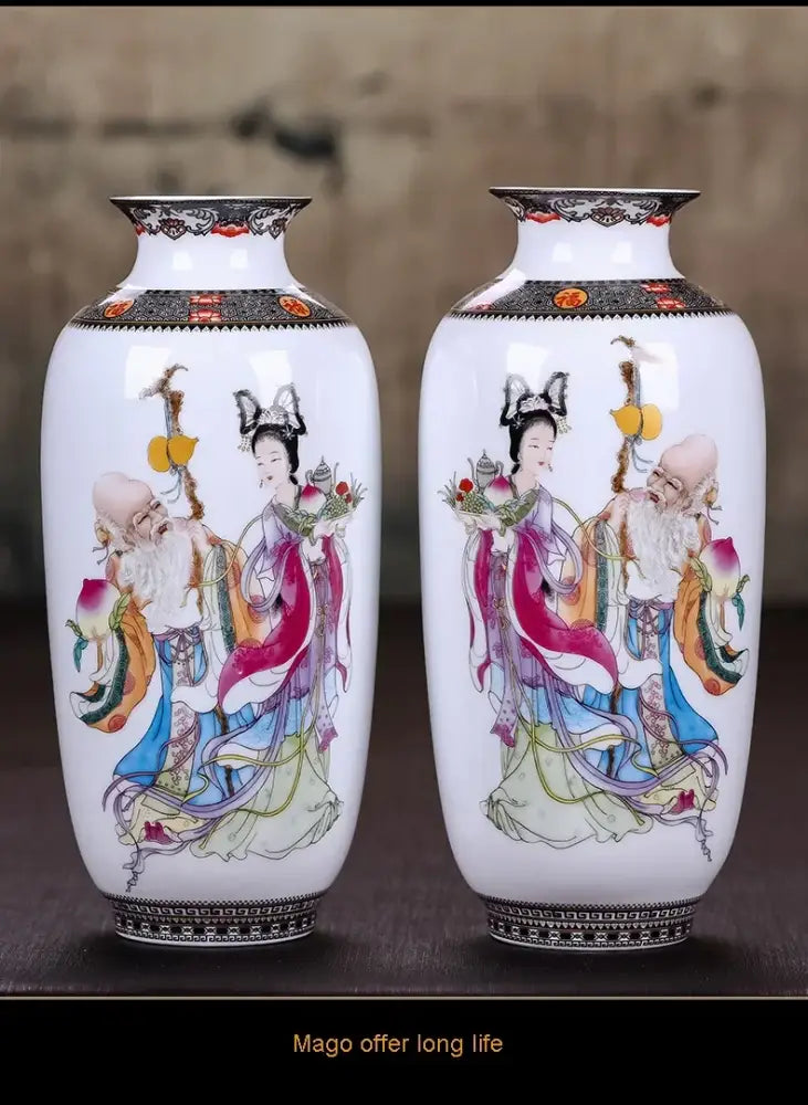 Pair of white DecorBites™ chinese traditional ceramic vases with hand-painted figures for elegant home decor