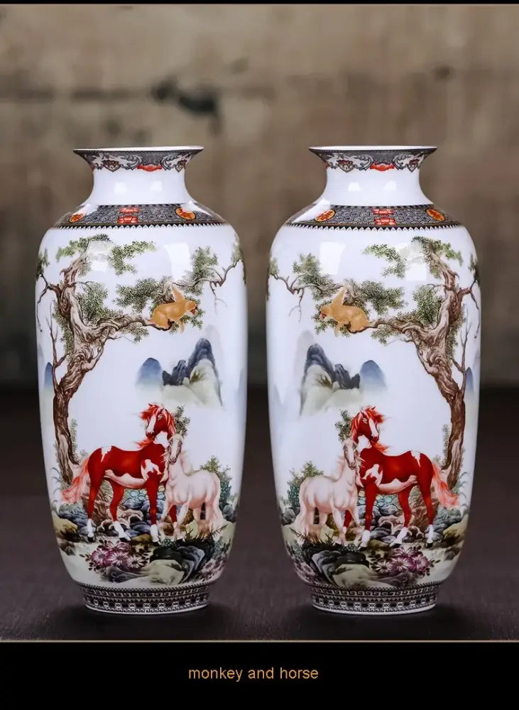 Pair of white chinese traditional ceramic vases with hand-painted horses and floral designs for home decor