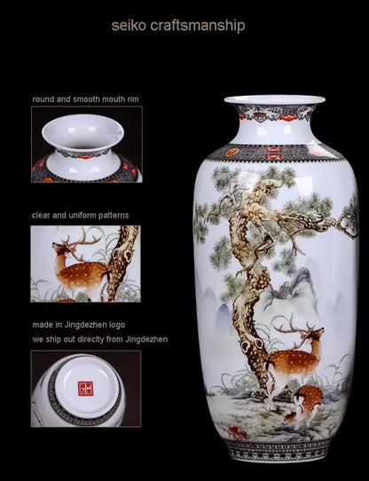DecorBites™ chinese traditional ceramic vase in white porcelain with hand-painted deer and pine trees for home decor