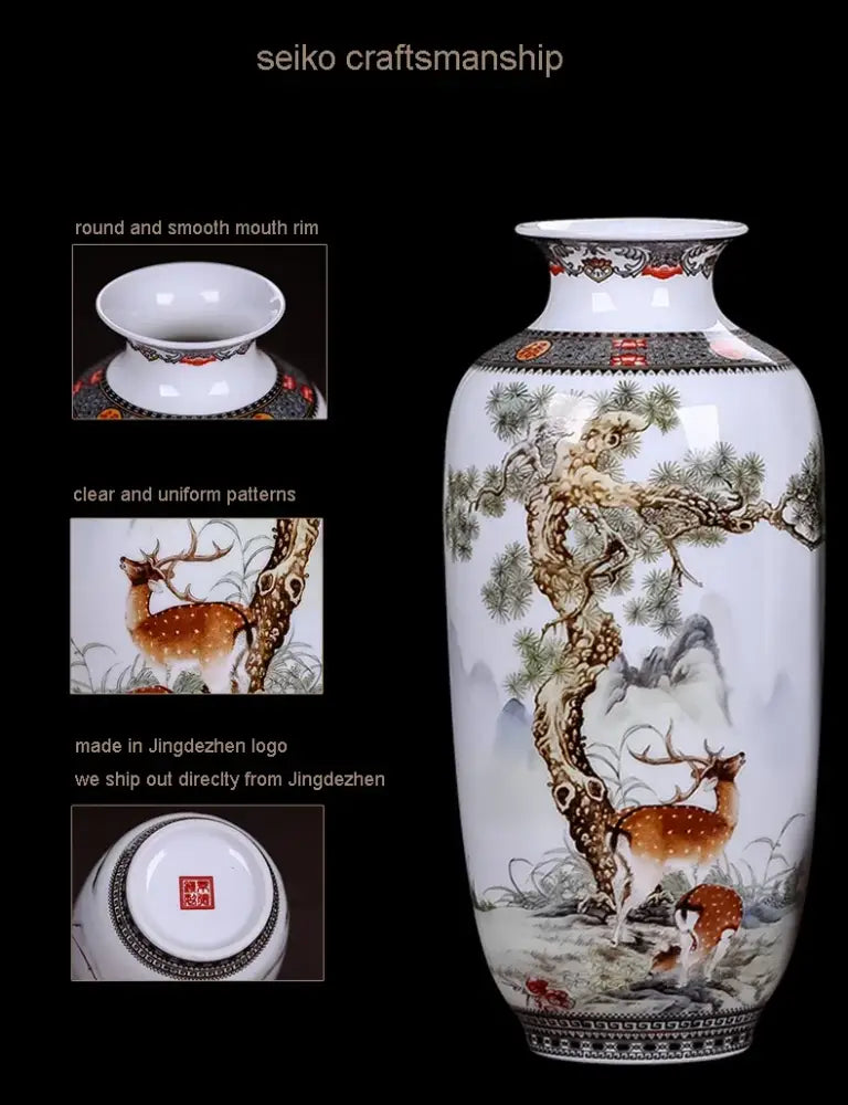 DecorBites™ chinese traditional ceramic vase in white porcelain with hand-painted deer and pine trees for home decor