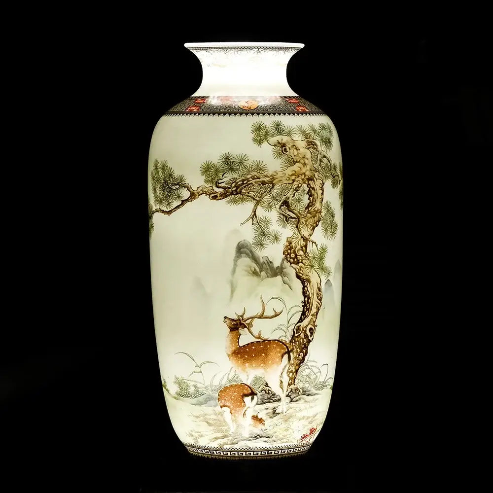 DecorBites™ chinese traditional ceramic vase with hand-painted deer and pine design in earthy tones for home decor