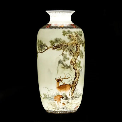 DecorBites™ chinese traditional ceramic vase with hand-painted deer and pine design in earthy tones for home decor
