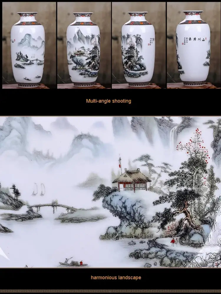 Decorbites™ chinese traditional ceramic white porcelain vase with black gray landscape paintings for home decor