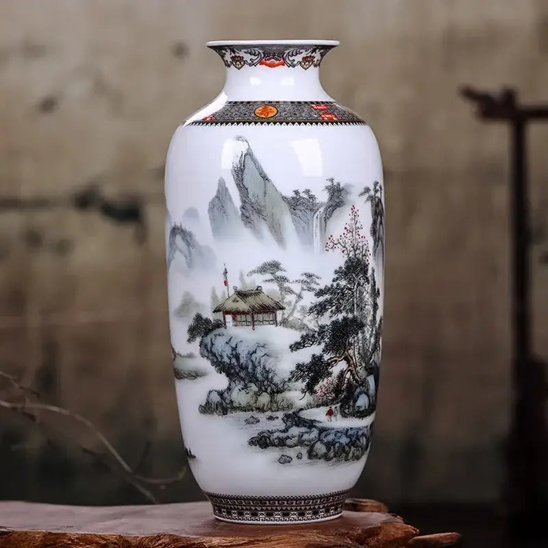 White porcelain chinese traditional ceramic vase with black and red landscape painting for elegant home decor