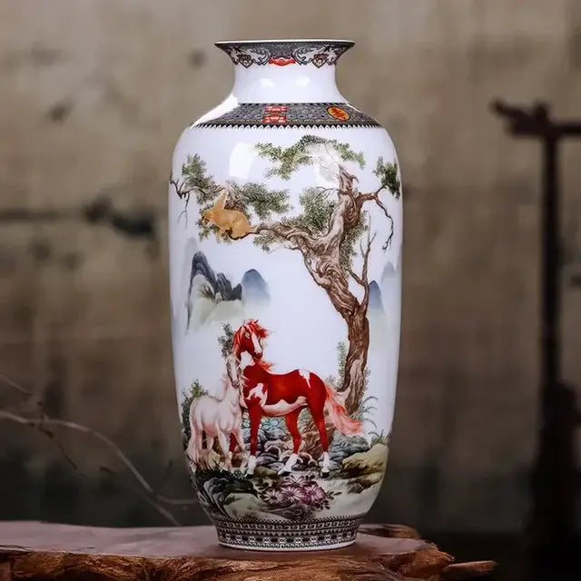 DecorBites™ chinese traditional ceramic vase in white porcelain with hand-painted red and white horses for home decor