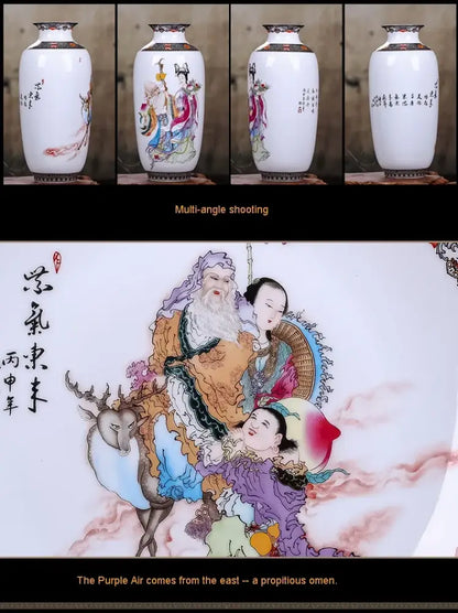 White porcelain chinese traditional ceramic vases with intricate hand-painted deities and gold trim for home decor