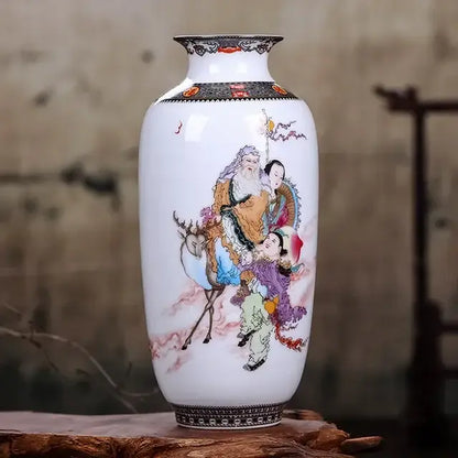 A white porcelain decorbites™ chinese traditional ceramic vase with hand-painted figures and black decorative borders for home decor