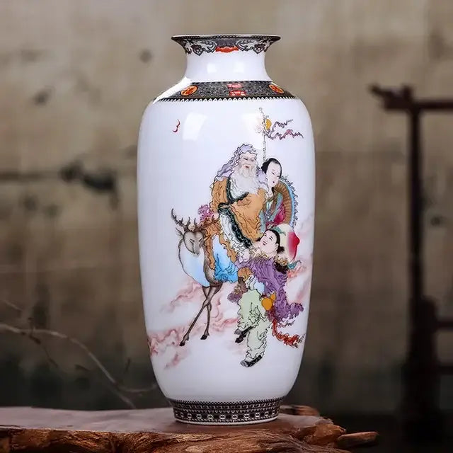 A white porcelain decorbites™ chinese traditional ceramic vase with hand-painted figures and black decorative borders for home decor