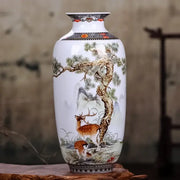 DecorBites™ chinese traditional ceramic vase in white porcelain with hand-painted deer and pine scenes for home decor