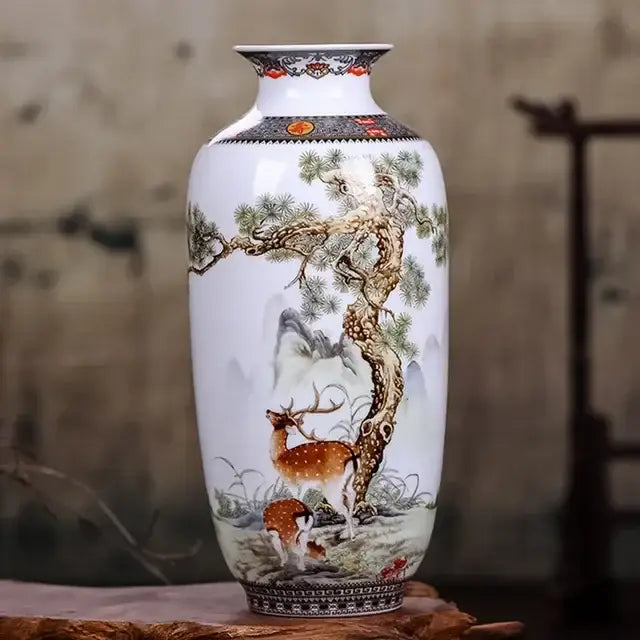White porcelain decorbites™ chinese traditional ceramic vase with hand-painted deer and pine trees for home decor