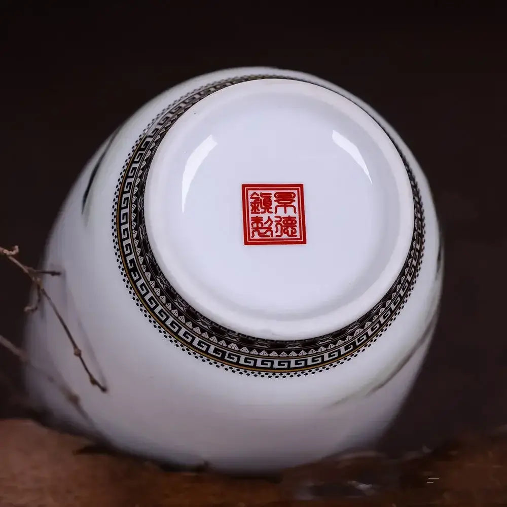 White ceramic chinese traditional ceramic vase with black geometric border and red seal mark for home decor