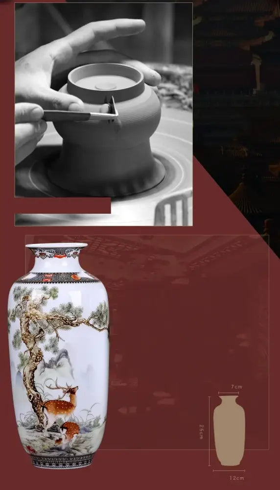 DecorBites™ chinese traditional ceramic vase in white porcelain with hand-painted deer and pine scenes for home decor