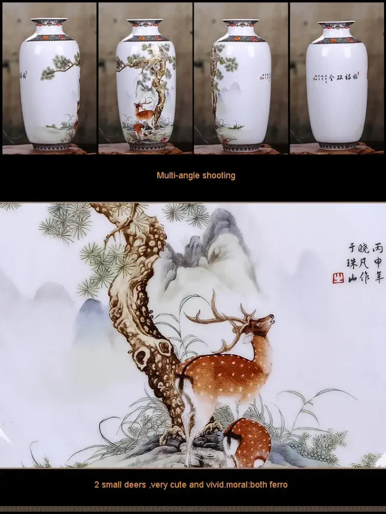 DecorBites™ chinese traditional ceramic vase in white porcelain with hand-painted deer and pine trees for home decor