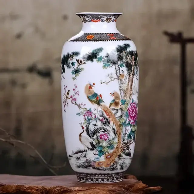 A white porcelain chinese traditional ceramic vase with hand-painted birds and peonies for home decor by DecorBites™