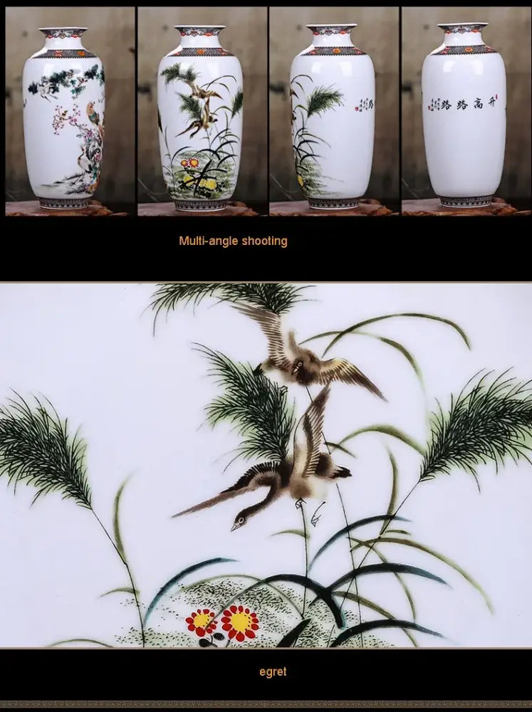 DecorBites™ chinese traditional ceramic vase in white porcelain with vibrant hand-painted birds and foliage for home decor