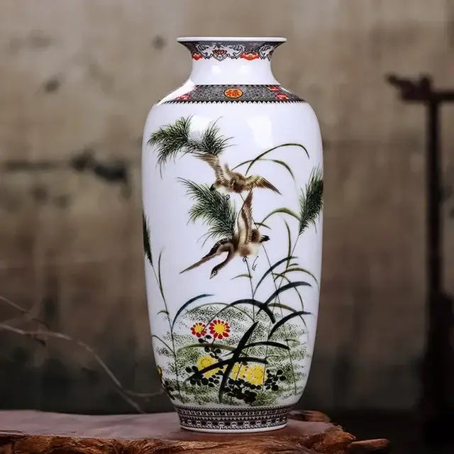 DecorBites™ chinese traditional ceramic vase white porcelain with hand-painted birds and pine for home decor