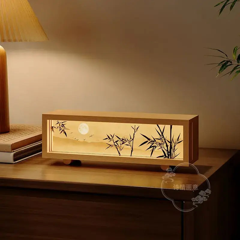 Rectangular wooden decorbites chinese wind lamp night light with bamboo silhouette and full moon warm glow for bedroom decor