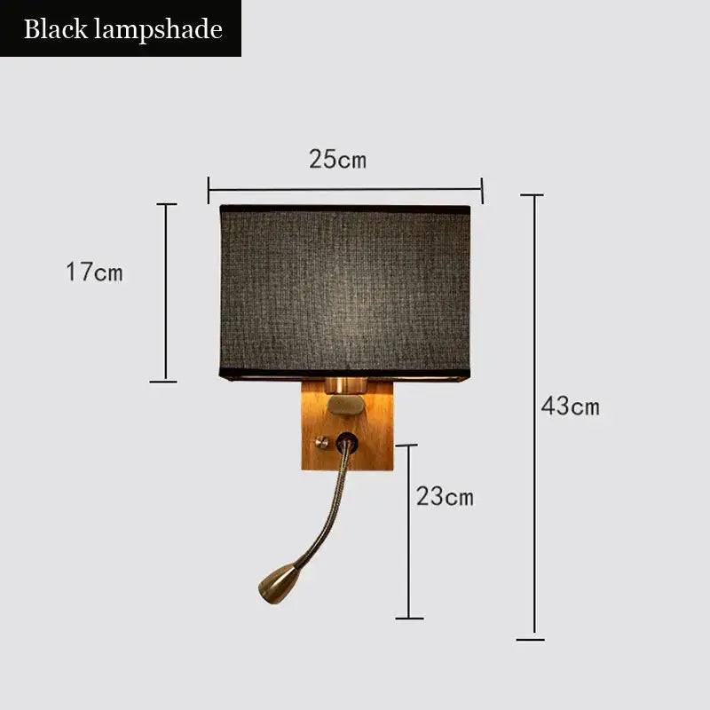 Decorbites™ black wood led wall lamp with textured fabric and brass finish for bedroom reading lighting fixture