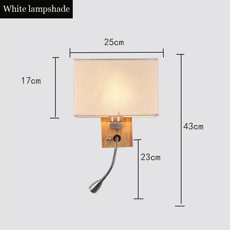 Rectangular white lampshade wood led wall lamp with adjustable gooseneck for bedroom reading by decorbites
