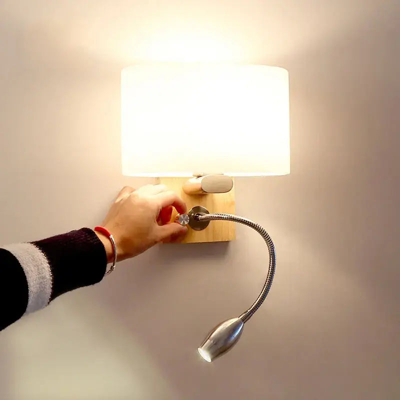 DecorBites™ Chinese wood led wall lamp with white fabric shade and adjustable metallic gooseneck for bedroom reading