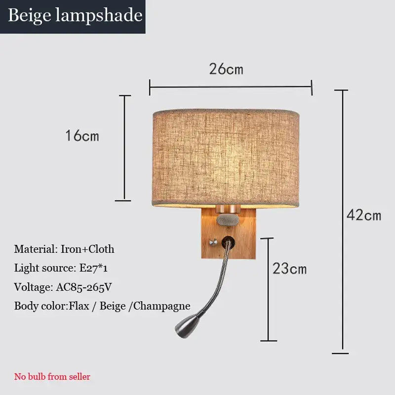 Beige fabric lampshade on a wood led wall lamp with adjustable gooseneck for bedroom reading by DecorBites™