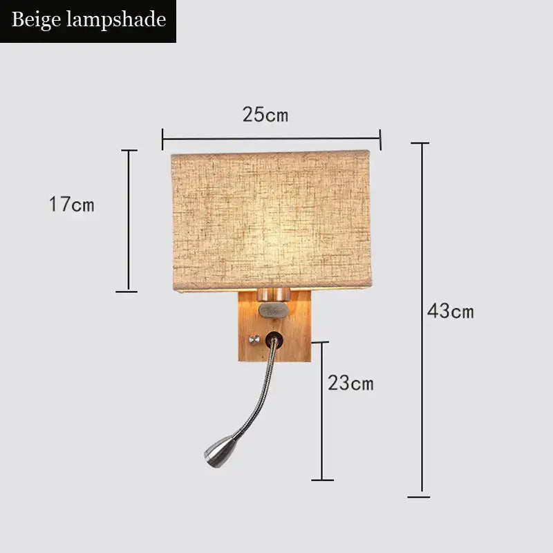 Beige rectangular lampshade with textured fabric on a wood led wall lamp with adjustable metallic gooseneck for reading