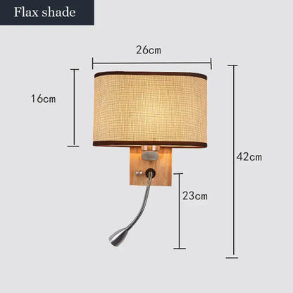 Beige flax shade led wall lamp with wooden base and flexible gooseneck by DecorBites™ for bedroom reading