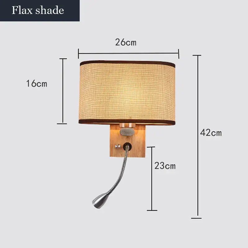 Beige flax shade led wall lamp with wooden base and flexible gooseneck by DecorBites™ for bedroom reading