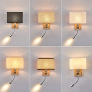 Rectangular fabric-shaded wall lamp with wooden base and flexible gooseneck for bedroom reading led wall lamp