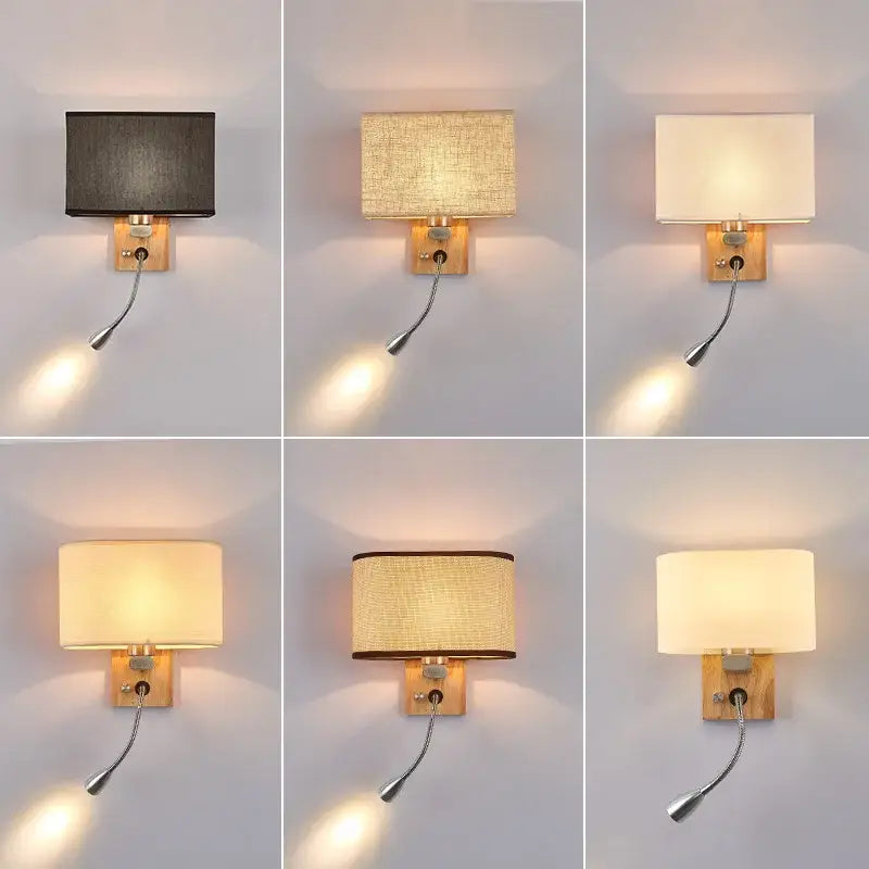 Rectangular fabric-shaded wall lamp with wooden base and flexible gooseneck for bedroom reading led wall lamp