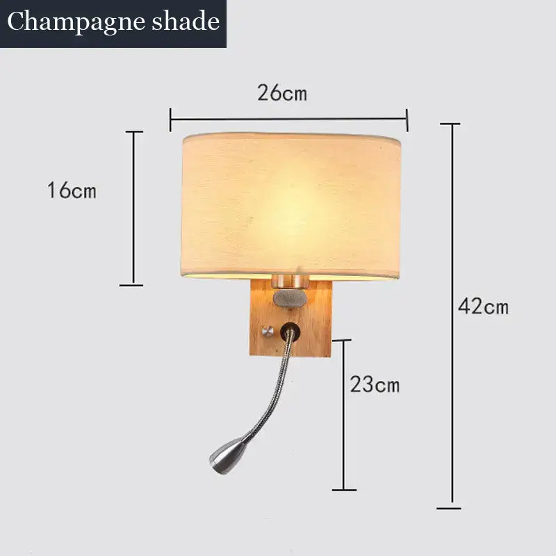 Champagne shade wood led wall lamp with flexible gooseneck reading light for bedroom by decorbites
