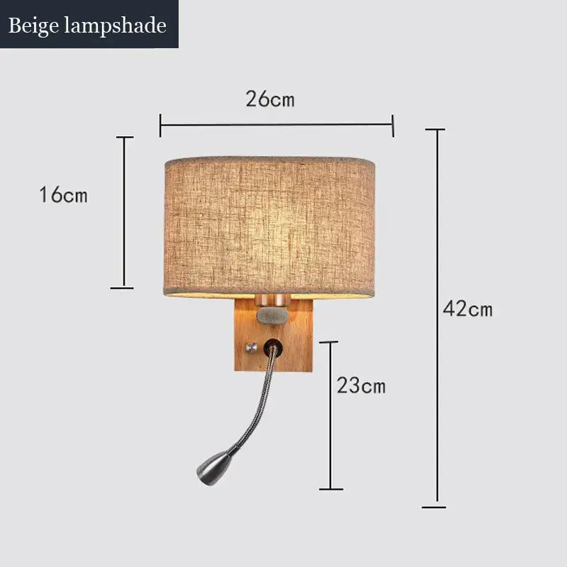 Beige fabric lampshade wood led wall lamp with adjustable gooseneck for bedroom reading by decorbites™