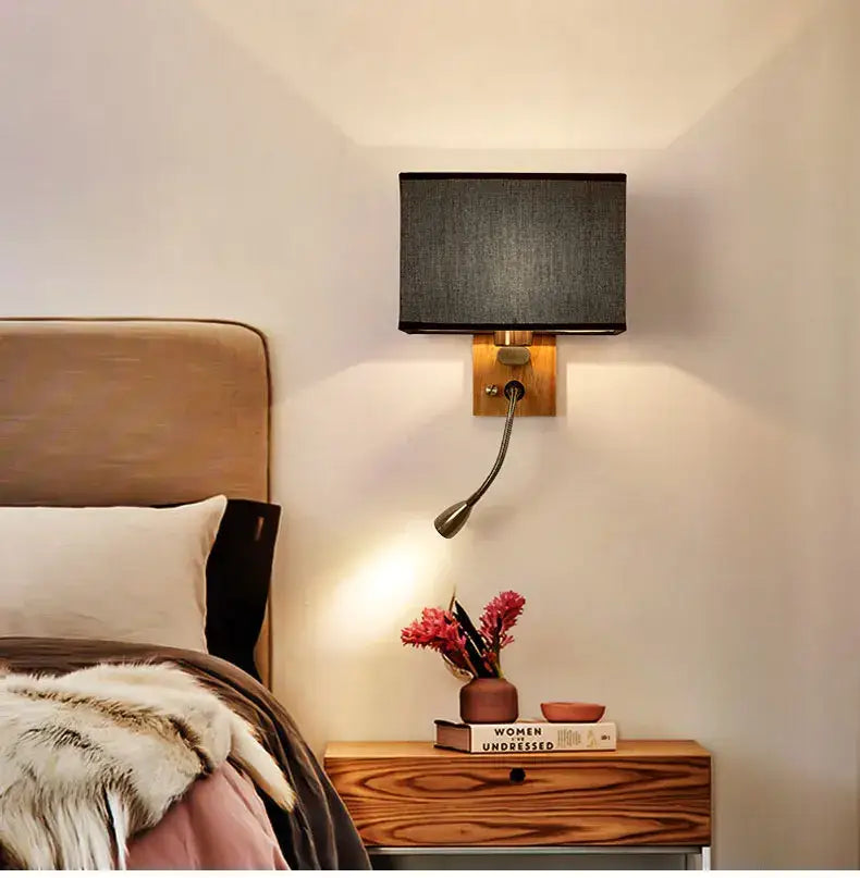 DecorBites™ Chinese wood led wall lamp with black fabric shade brass base and adjustable arm for bedroom reading lighting