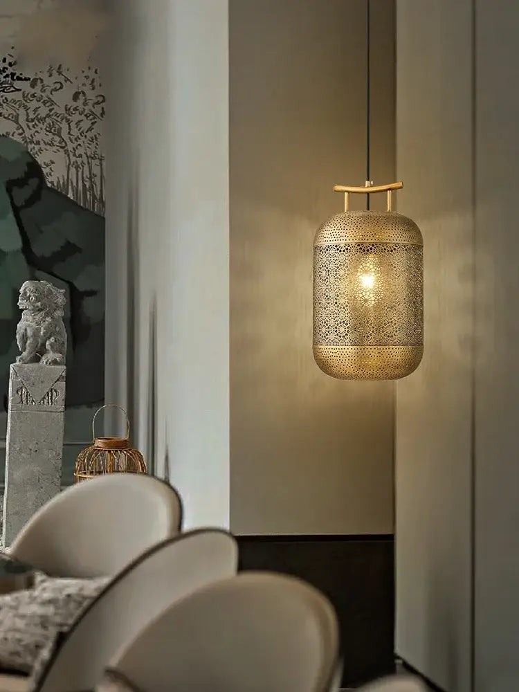 Decorbites™ chinese zen art birdcage pendant light with golden perforated metalwork and wooden top accent for tea rooms