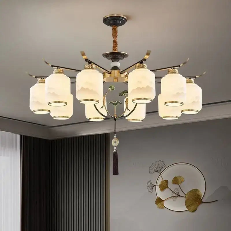 Elegant decorbites chinese zen chandelier with six frosted glass shades gold-toned metal arms and green leaf motifs