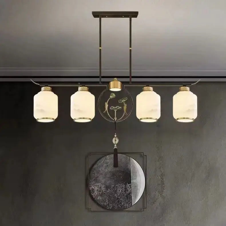 Modern black metal decorbites chinese zen chandelier with four frosted glass lanterns and central pendant for living rooms