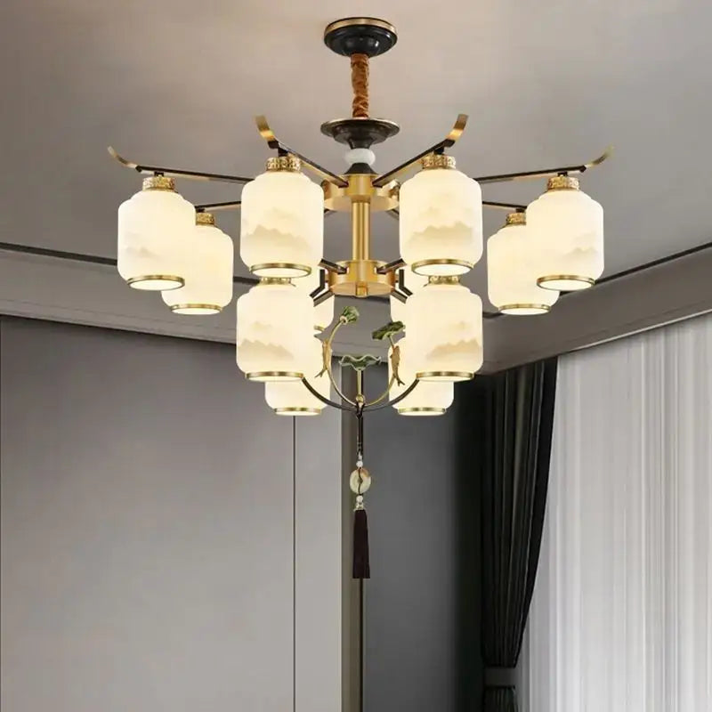 Elegant gold-toned decorbites chinese zen chandelier with frosted glass shades and tassel for home and restaurant lighting