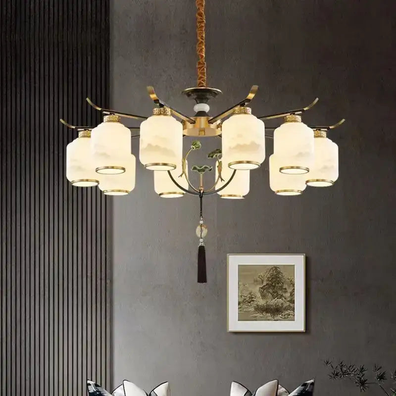 Modern decorbites chinese zen chandelier with brass metal frame and frosted glass shades for home and restaurant lighting