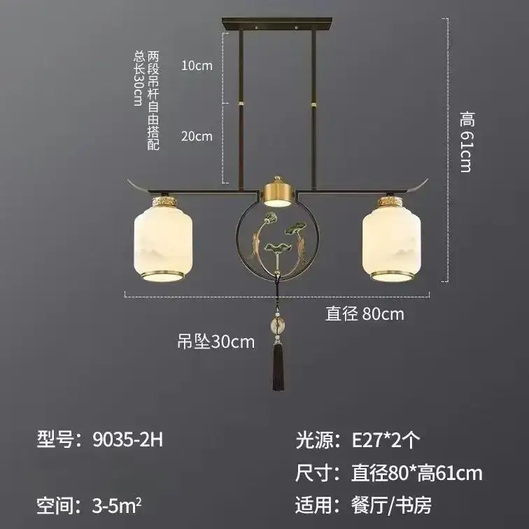 Modern decorbites chinese zen chandelier with frosted glass lanterns and gold lotus metalwork for living room lighting