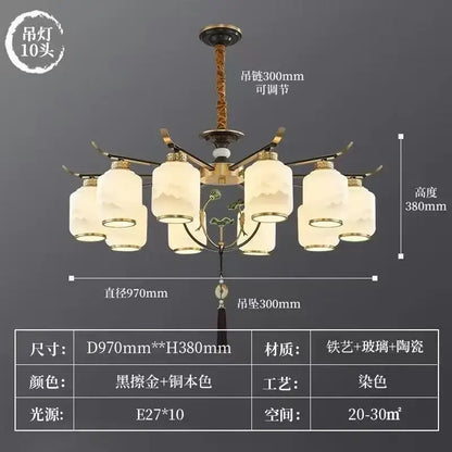 Antique brass and black-finished decorbites chinese zen chandelier with frosted glass mountain shades for elegant lighting