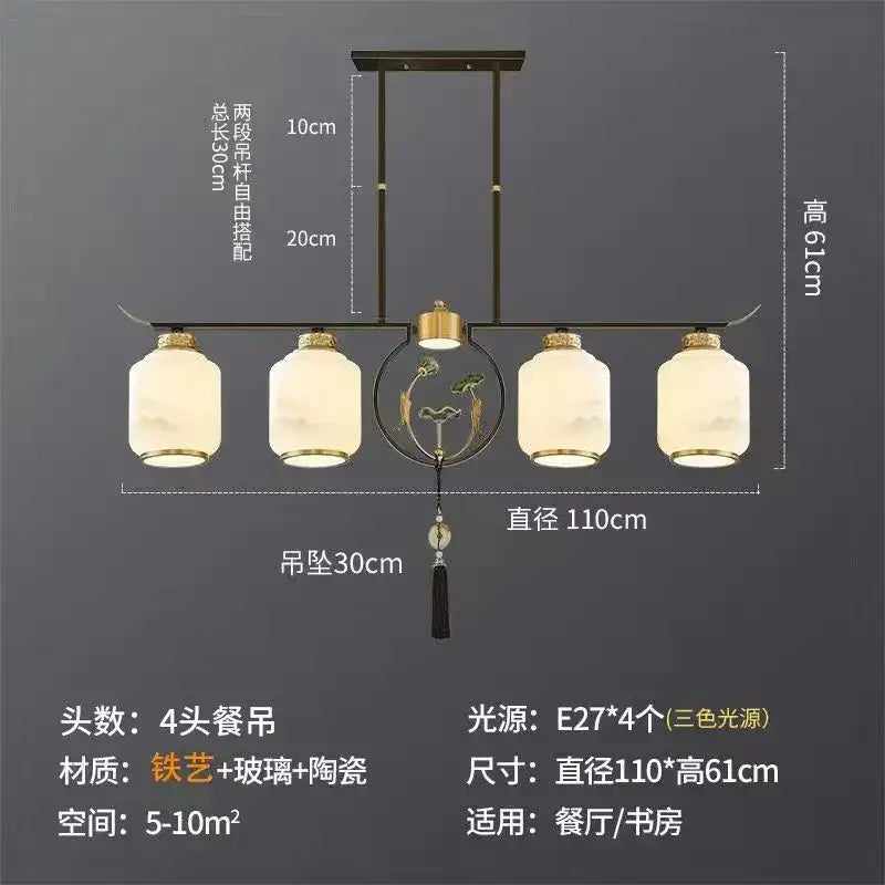 Decorbites chinese zen chandelier with brass metal arms, frosted glass mountain shades, and ceramic accents for living rooms