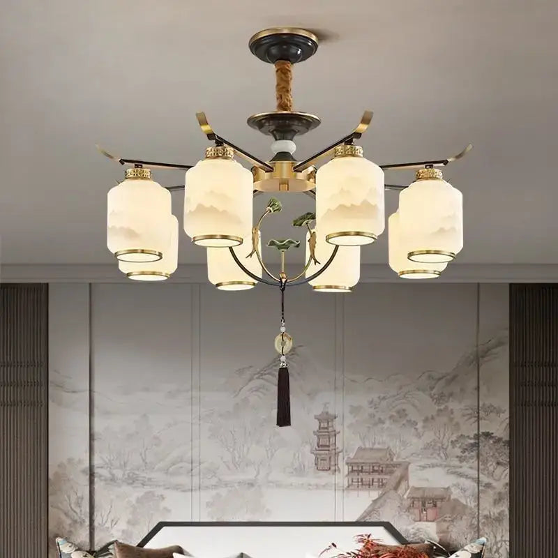 A decorbites chinese zen chandelier with five frosted glass shades featuring mountain landscapes and brass accents