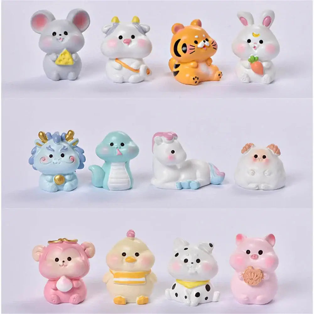 Cute pastel-colored resin amethyst tree figurines of chinese zodiac animals each holding a unique item for home decor