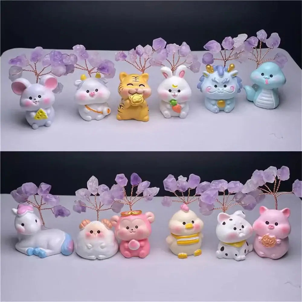 A set of pastel-colored resin chinese zodiac amethyst tree figurines featuring delicate purple crystal tops for home decor